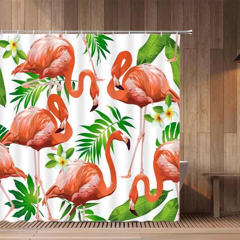 Shower Curtains Flamingo Animal Parrot Bird Print Tropical Green Plant Leaves Flowers Cactus Bathtub Decor Hanging Curtain Set