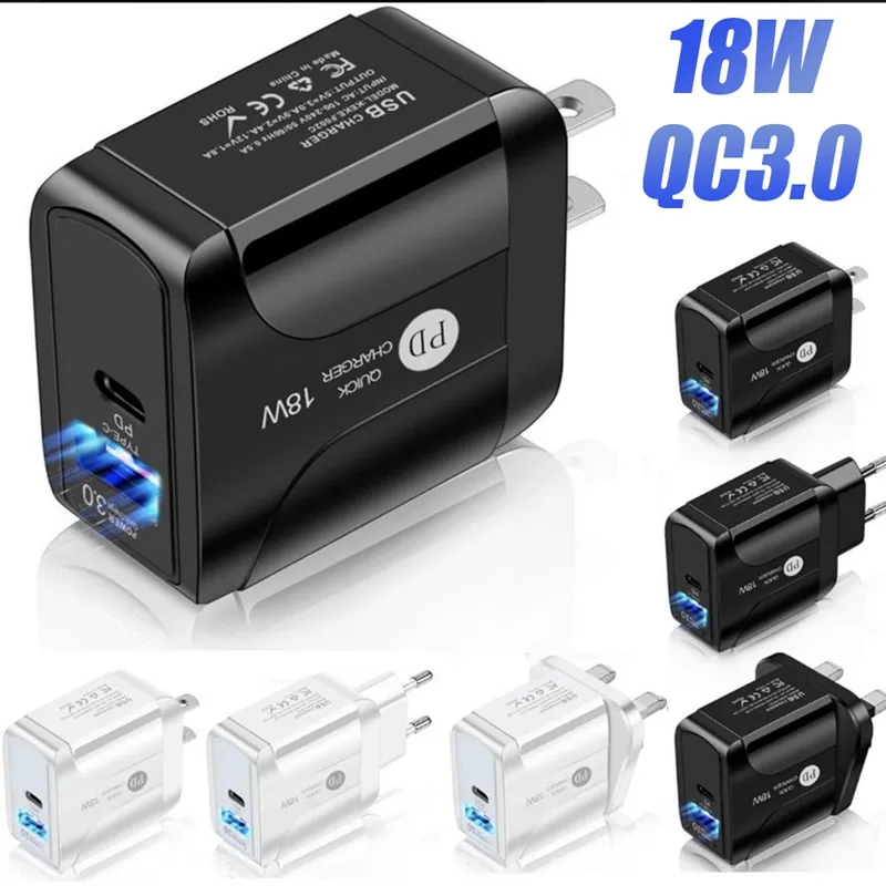 18W QC 3.0 Snabbtyp C -laddare PD Väggladdare EU US UK Plug för iPhone 7 8 X 11 12 13 14 Samsung LG Xiaomi Power Plug