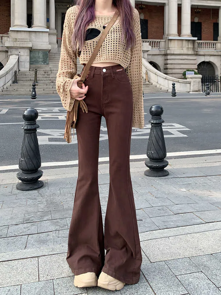 Women's Jeans High Waisted Y2K Flare Jeans Aesthetic Retro 2000s Cute Denim  Jeans Pants Streetwear 2023 Casual Brown Long Stretch Trousers L230316