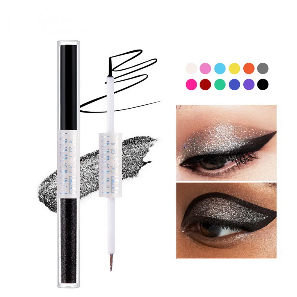 Eyeliner líquido preto Handaiyan Lineador de olho colorido 2 em 1 fosco e brilho 12 cores Dazzling Sparkling Fino Durable Durable Poof fácil de usar maquiagem de longa duração