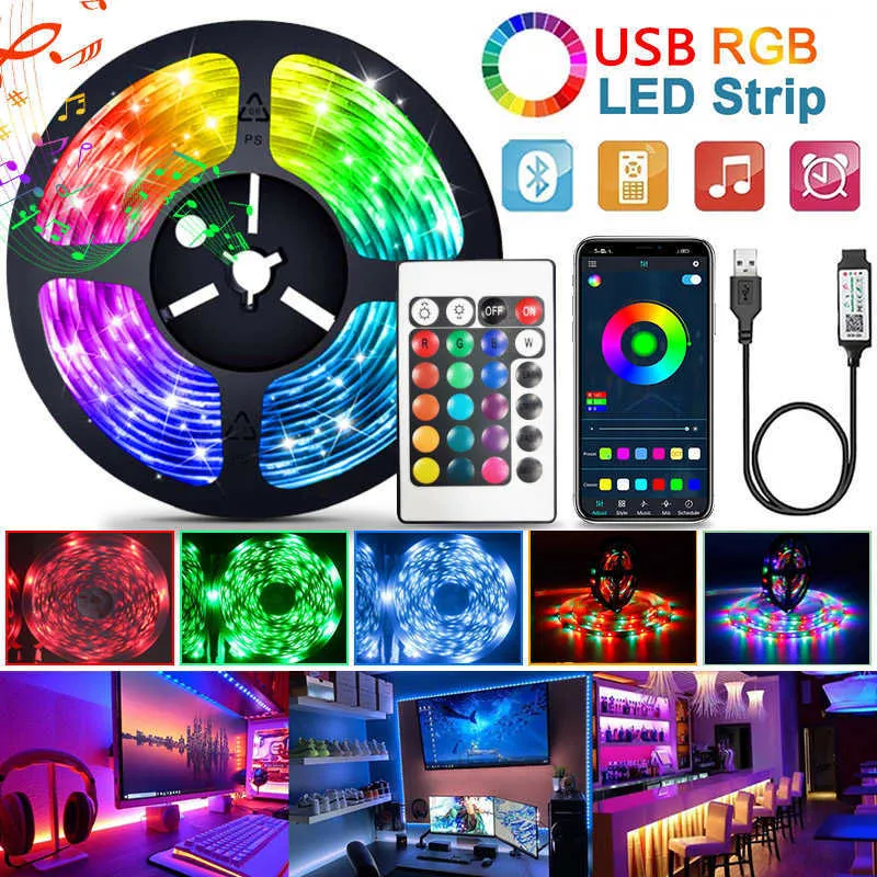 Светодиодные полоски 1-30 м Светодиодная полоска Свет RGB USB Гибкая лампа лента 2835 Диод USB-кабель управление Bluetooth DC 5V Экран Экран ТВ фоновый освещение P230315