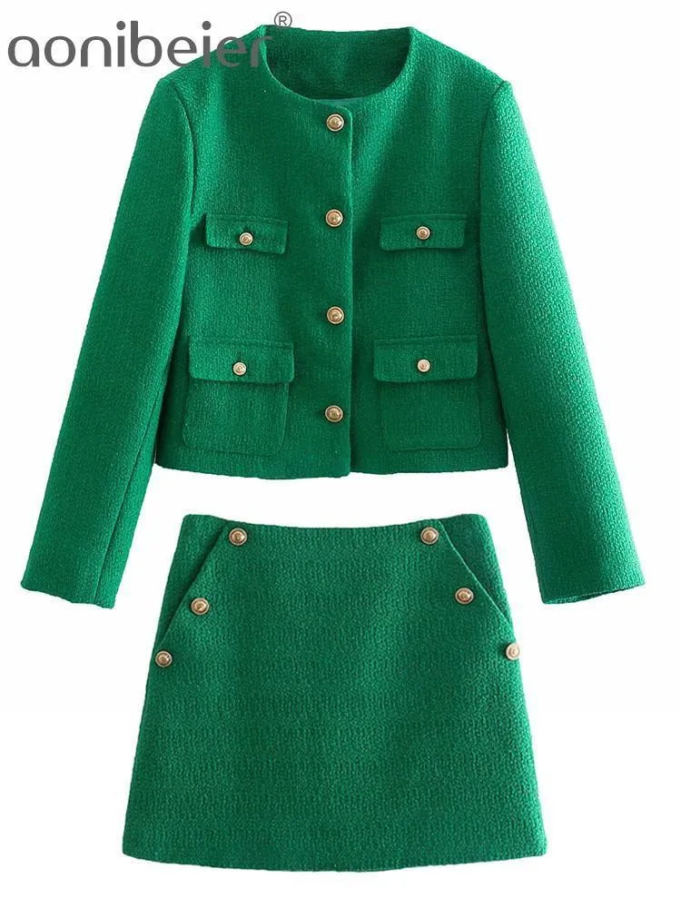 Zweiteiliges Kleid Aonibeier Woman Casual Traf Suits Herbst verzierte Knöpfe Tweed Wollgrün Kurzjacke Miniröcke 2-teiliges Set 230316