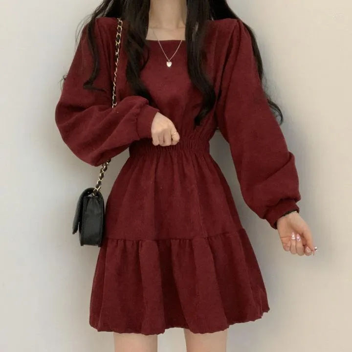 Korean Fashion Women's High Waist Vintage Sweet A-Line Casual Dress with Square Collar and Long Sleeves in Soft Solid Color Korean Fashion Women's High Waist Vintage Sweet A-Line Casual Dress with Square Collar and Long Sleeves in Soft Solid Color