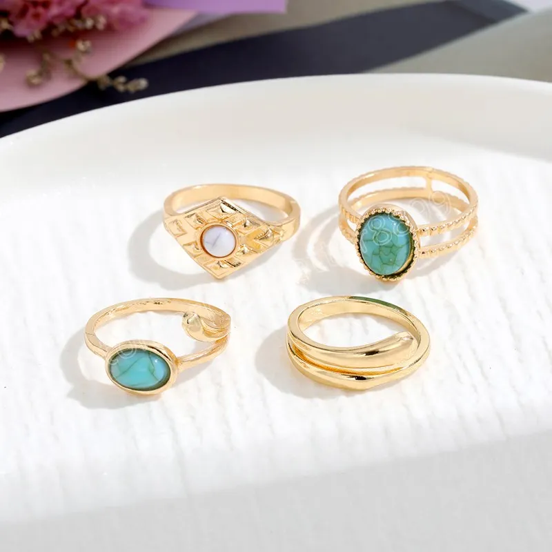 Bohemia Antique Gold Color Turkusowe okrągłe pierścienie Zestawy Knuckle Pierścienie dla kobiet w stylu Vintage Biżuteria 2023 Akcesoria prezentowe