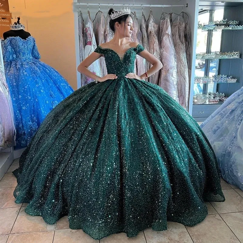 Recién llegado, vestidos de quinceañera con cuentas de encaje verde oscuro, vestido de baile 2023, vestido dulce 16, vestidos de fiesta de cumpleaños 322