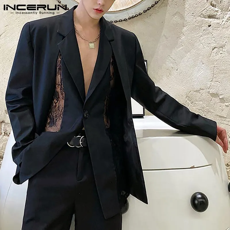 Abiti da uomo Blazer 2023 Uomo Blazer Mesh Patchwork Risvolto Manica lunga See Through Casual Streetwear One Button Fashion Giacche sottili INCERUN