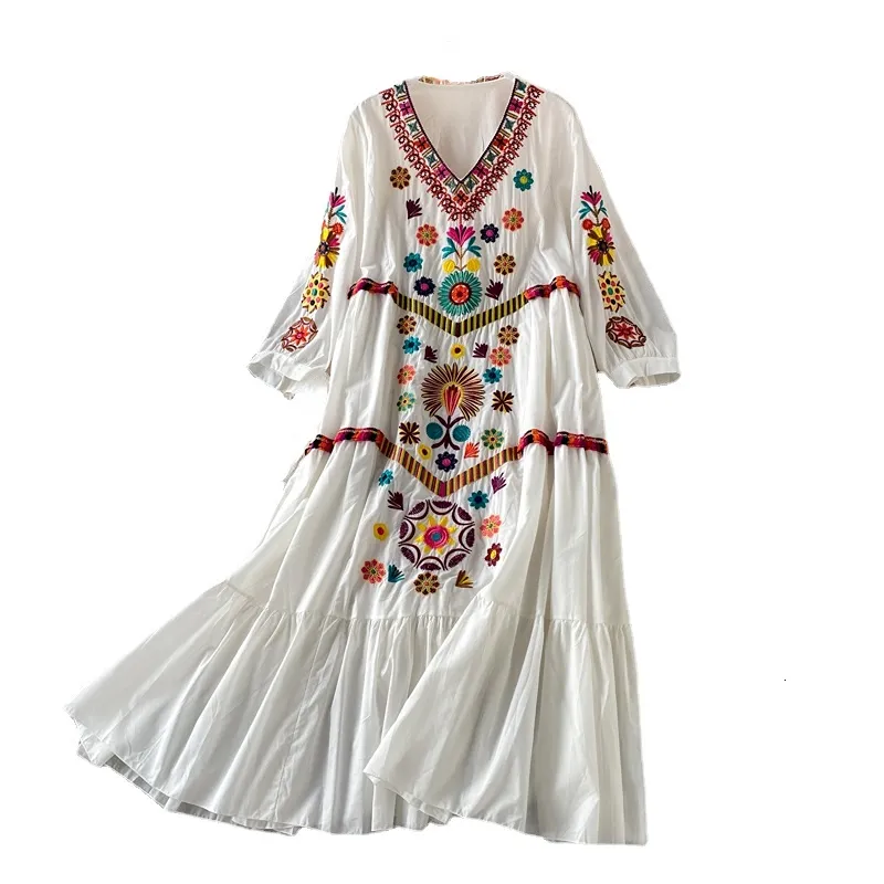 Casual Dresses Vintage Women Dress Floral Embroidery Beach Dress Ladies Short Sleeve V-neck Cotton And Linen Boho Dresses Summer 230316