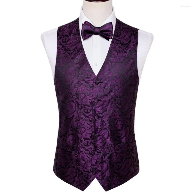 Gilets pour hommes Purple Paisley Hommes Mariage Gilet Gilet Mouchoir Floral Self-Bowtie Jacquard Tissé Butterfly Set Barry.Wang Design ML-2023