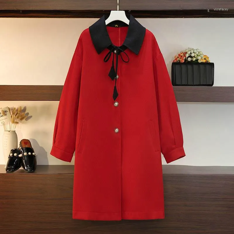 Ytterkläder 150 kg plus size kvinnors byst 157 Autumn Winter Loose Single Breasted Lapel Long Woolen Coat Red 6xl 7xl 8xl 9xl 10xl