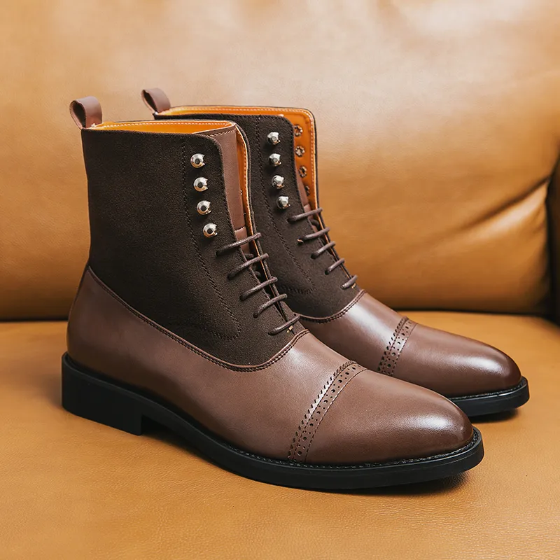 Nowe brązowe mężczyźni krótkie buty czarne stado koronkowe kwadratowe buty biznesowe dla mężczyzn dla mężczyzn darmowa wysyłka Bottes pour hommes
