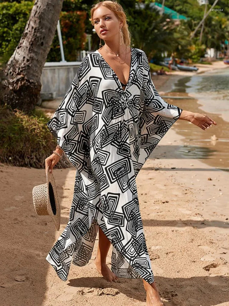 Printed V Neck Kaftan For Women Elegant Beachwear With Wrinkle Detailing And Long Tunic Top From Pangxiea 20.66 DHgate.Com