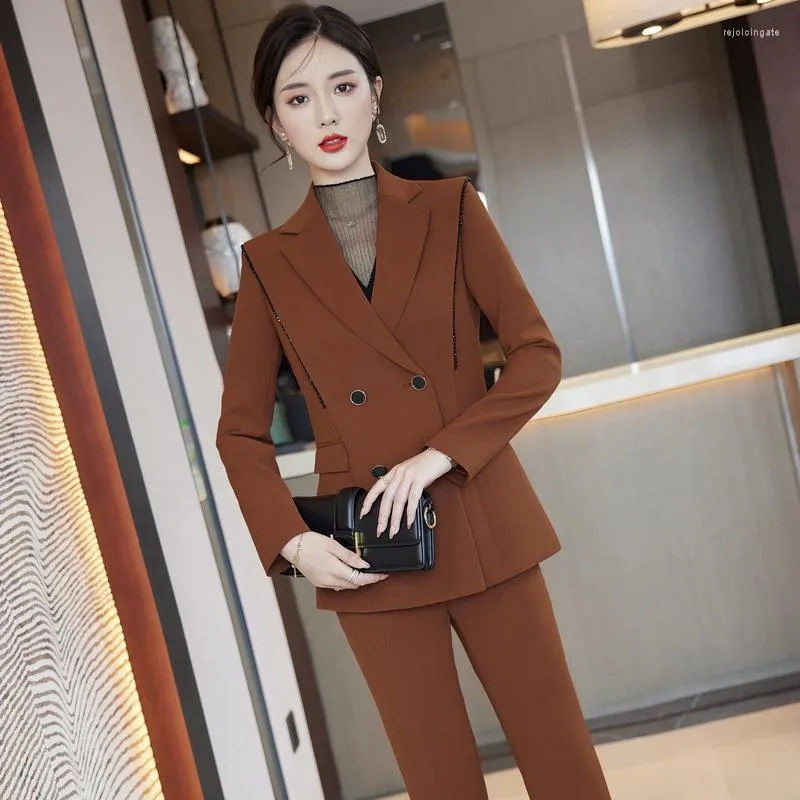 Tweedelige broek met dames lange mouw mode zwarte dubbele borsten formele slijtage vrouwelijke boetiek kantoor dame suit tweedelige set werkuniformen