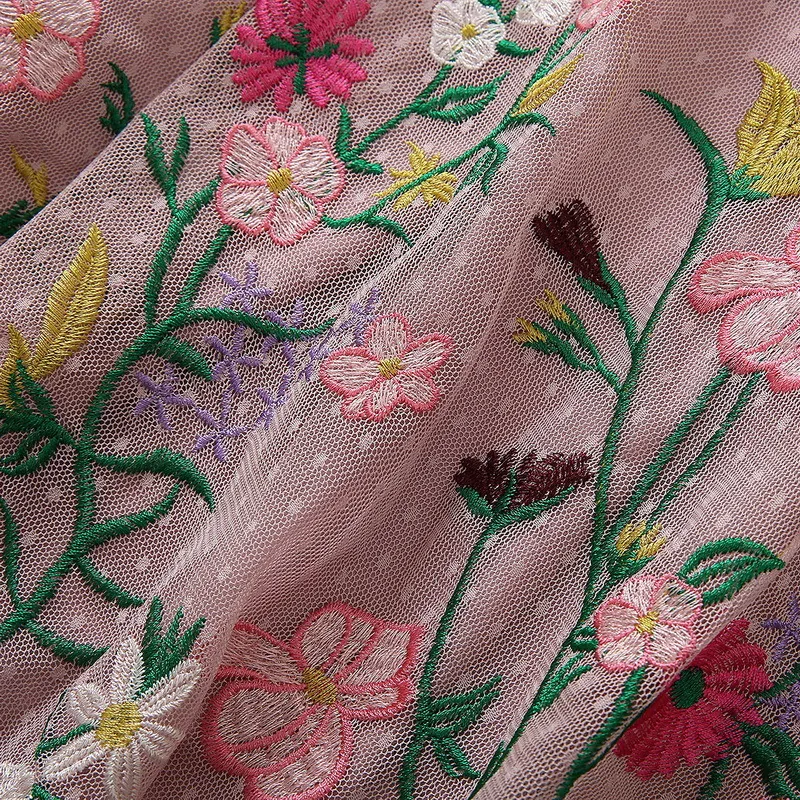2023夏のピンクの花柄の刺繍チュールドレス半袖丸いネックパネル長いマキシカジュアルドレスS3M160316プラスサイズXXL