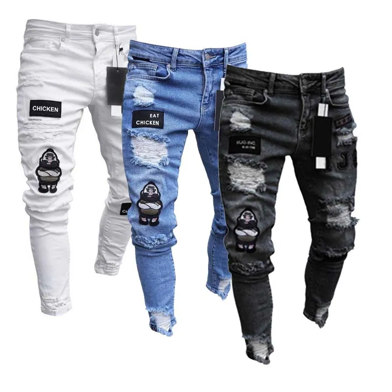 Men's Jean Stretchy Ripped Skinny Biker Embroidery Cartoon Print Jeans Destroyed Hole Slim Fit Denim High Quality Hip Hop Black Jeans