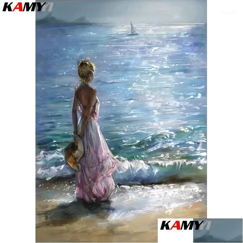 Dipinti Fl Trapano quadrato/rotondo 5D Pittura diamante fai da te Ragazza al mare Tramonto 3D Ricamo Punto croce Mosaico Decorazioni per la casa Hyy1 Drop D Dh1Vx