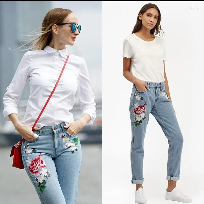 Women's Jeans Floral Embroidery Women Print 3D Flowers Pattern Straight Leg Denim Pants Harajuku Boyfriend Trousers Female Streetwear