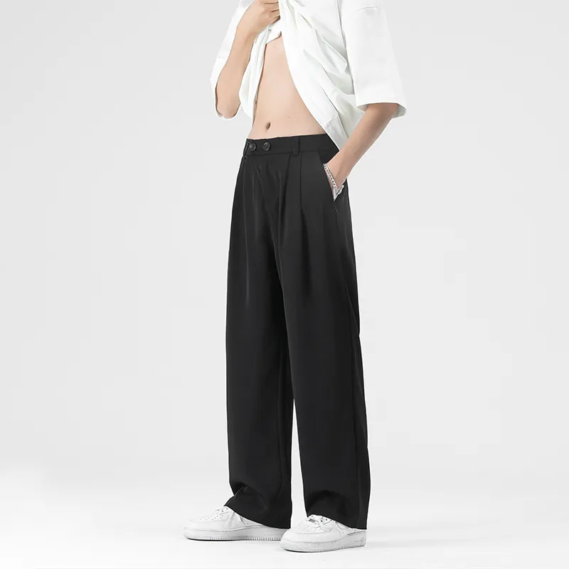 Summer Mens Pleated Stretch Waist Casual Baggy Pants Oversized Fabric Drape Suit Wide Leg