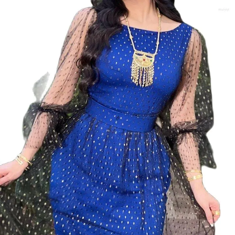 Roupas étnicas Islã Abaya Muslim Maxi Dress Women Mesh Mesh Patchwork Robes Summer Fashion Dot Print Elegant Chic Party 2023