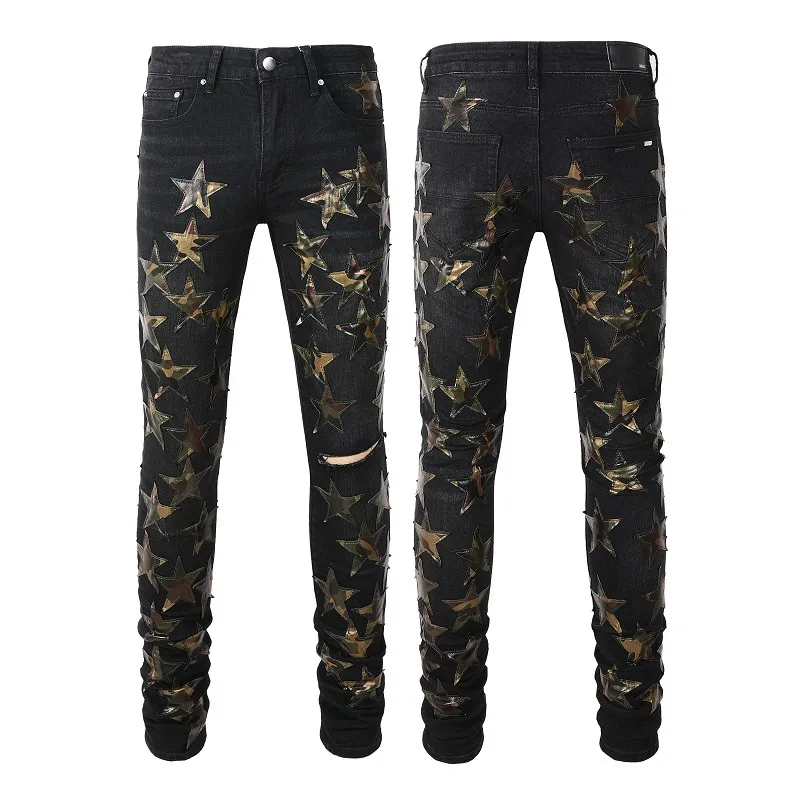 Jeans da uomo scontati Men Green Star Patches Distressed Indigo HM361