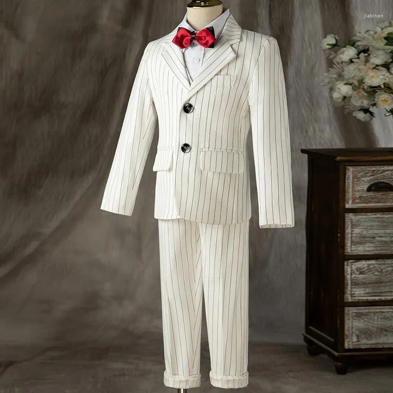 Мужские костюмы Детский костюм белый классический полоса Слим джентльменский бизнес с тремя частями (брюки для жилетки куртки)