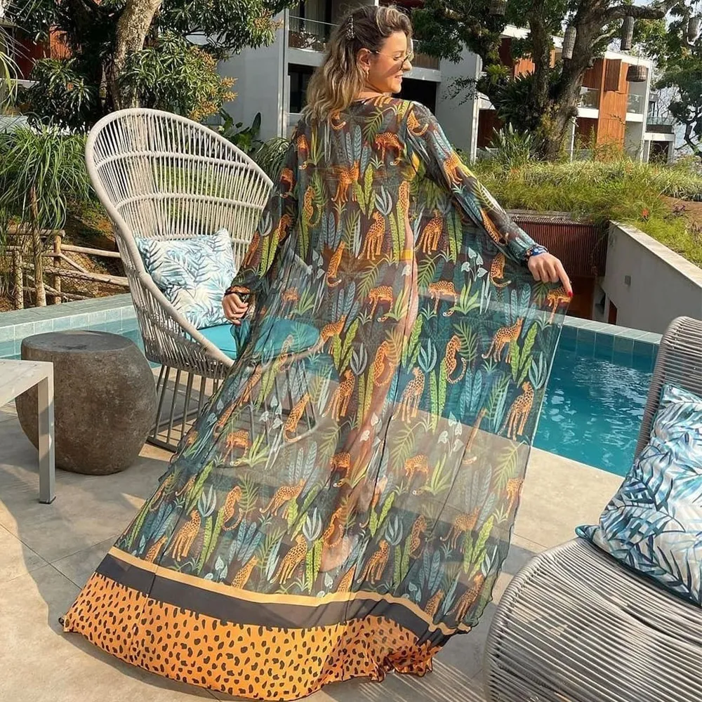 Shawls Leaves Print Bikini Beach Cover Up Tunics For Beach Long
