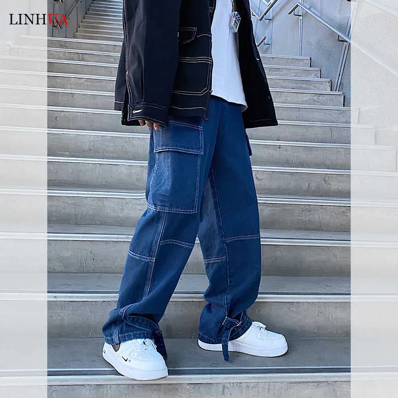 Jeans da uomo LINHUA Jeans da uomo a gamba larga Uomo 2022 Pantaloni cargo primaverili Hip Hop Streetwear Nuovi pantaloni larghi in denim larghi dritti Jeans da lavoro maschili Z0315