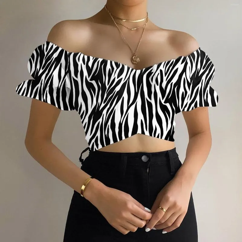 Damenblusen, schulterfrei, Puffärmel, bauchfreies Top, Damen-Sommer-Zebra-Streifen-Druck, sexy kurze Röhrenbluse, Strand, rückenfrei, abgeschnitten