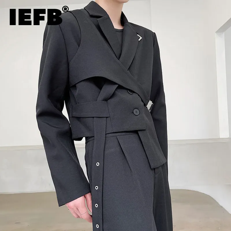 Męskie garnitury Blazery IEFB Elegancka męska krótka marynarka Bluzer Attun Odłączona dwuczęściowa garnitur nieregularny rąbek mody czarny kurtka 9Y9250 230316