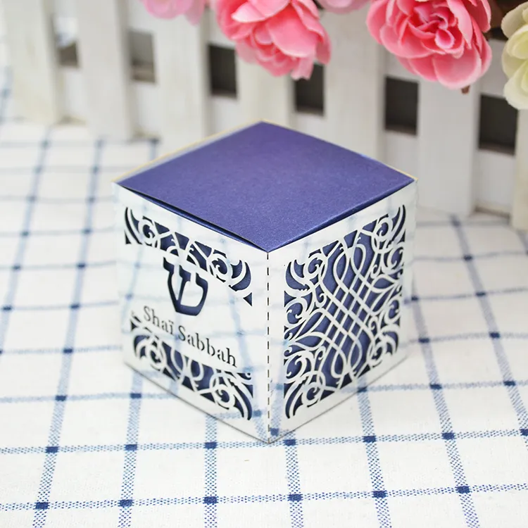 Wrap regalo piccole viti Ebraico personalizzato JE Laser Cut Bar Mitzvah Blue Color Box and Mirror Silver Wrap 230316