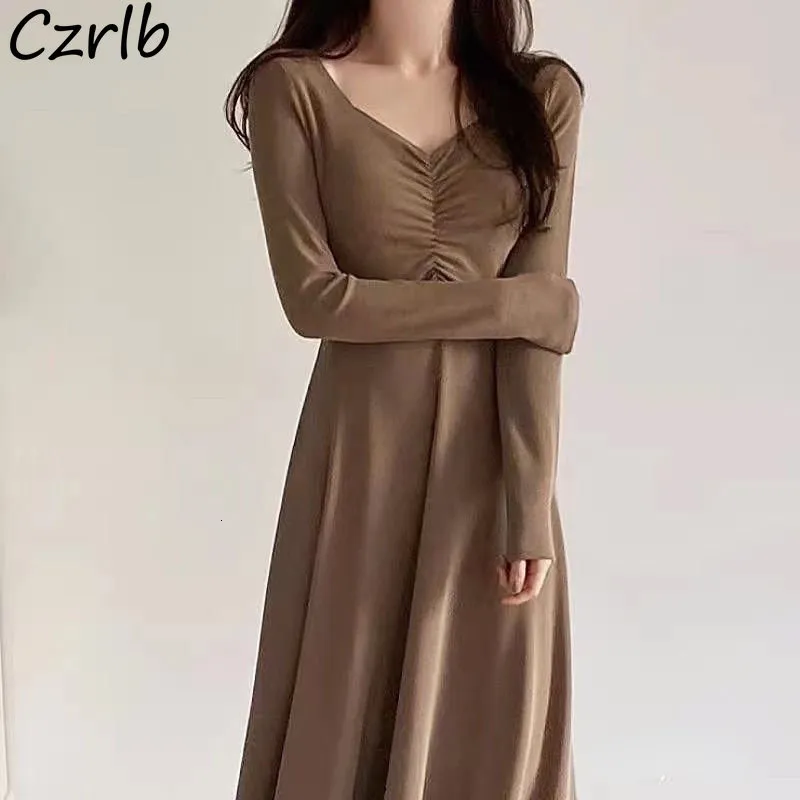 Casual Dresses Midi Long Sleeve Dresses Women Tender V-neck Sexy Solid Autumn Clothing Ladies Vintage Aesthetic Design Korean Style Fashion 230316