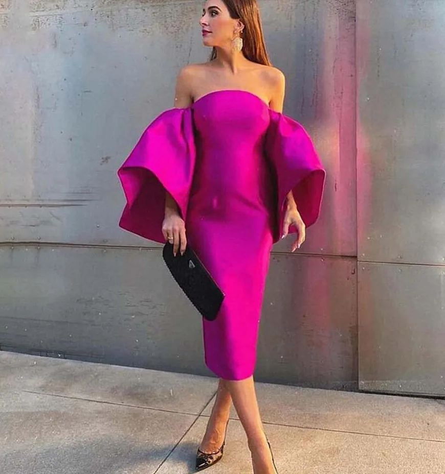 Elegante tubino da sera abito formale con spalle scoperte maniche a sbuffo in raso lunghezza del tè abiti da festa di promenade Robe de Soiree 2023 fucsia