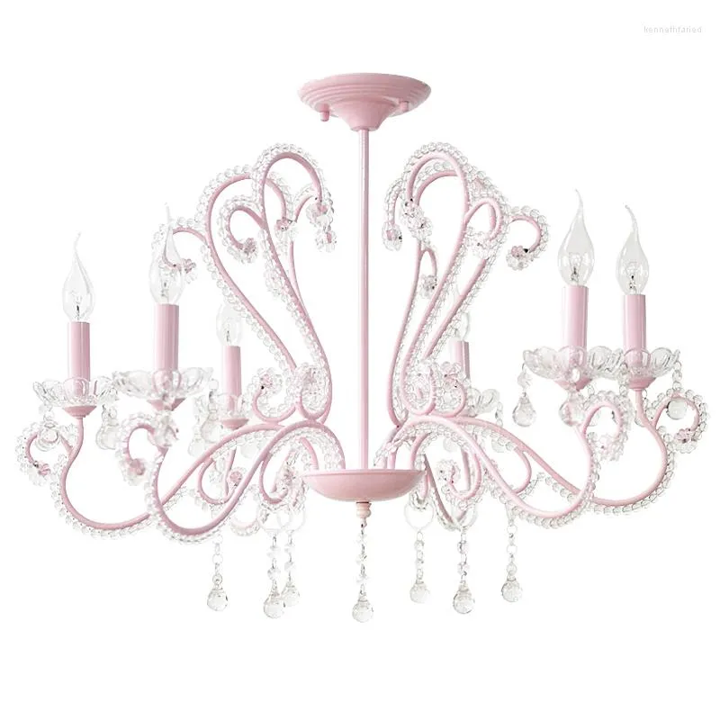 Pendants lampes américaines pastorales rose 6-têtes lustre cristal fille princesse salon chambre à manger mignon enfants