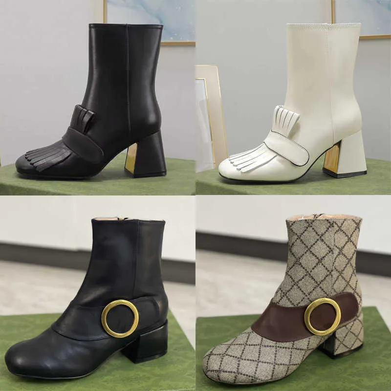 Buty letnie Chelsea na wysokim obcasie dla projektanta Miękka skóra bydlęca Jesień Zima Gruby obcas Kobiety Buty 100% Prawdziwa skóra Zamek Moda Metalowa klamra Botki z pudełkiem NO13