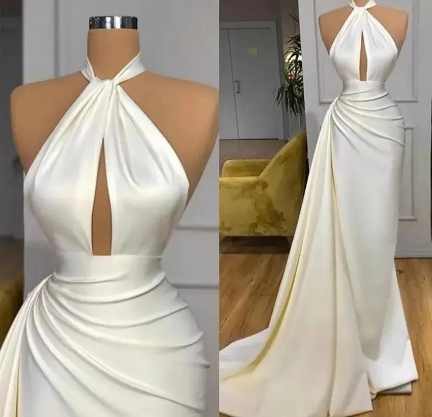 Ivory Halter Long Evening Formal Dress Split Sheath Keyhole Neck Pleats Ruffles Prom Party Gowns Arabic Aso Ebi Robe de Soiree 2023