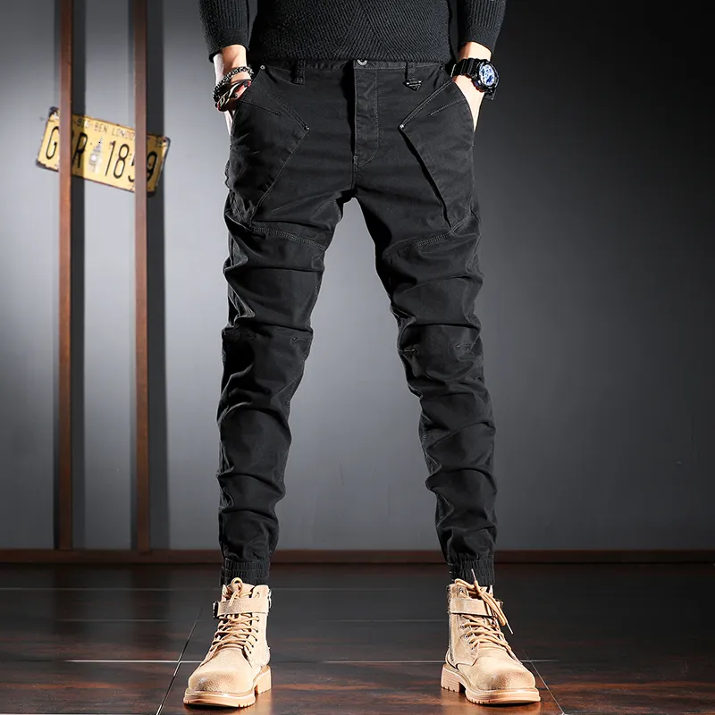 Jeans pour hommes Streetwear mode hommes jean pantalon épissé concepteur élastique coupe ajustée décontracté Cargo pantalon Hombre Hip Hop Joggers hommes salopette 230316