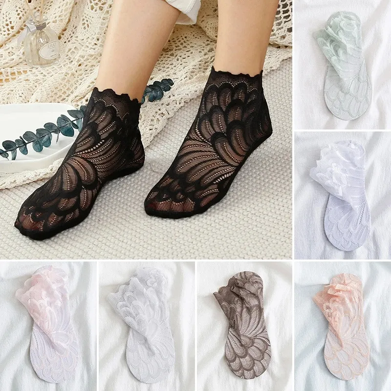 Damen-Socken aus transparenter Spitze, unsichtbar, Netzstoff, ultradünn, hohl, Pfauenschwanz-Söckchen, rutschfeste transparente Mädchen-Kurzsocken