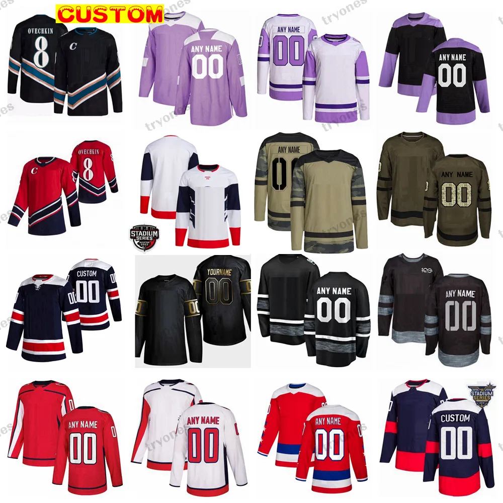 Custom 2023 Stadium Series Hockey Jerseys Reverse Retro Camo Fights Cancer Ovechkin TJ Oshie Backstrom Kuznetsov Wilson Carlson Strome Sheary Milano Sandin Mantha