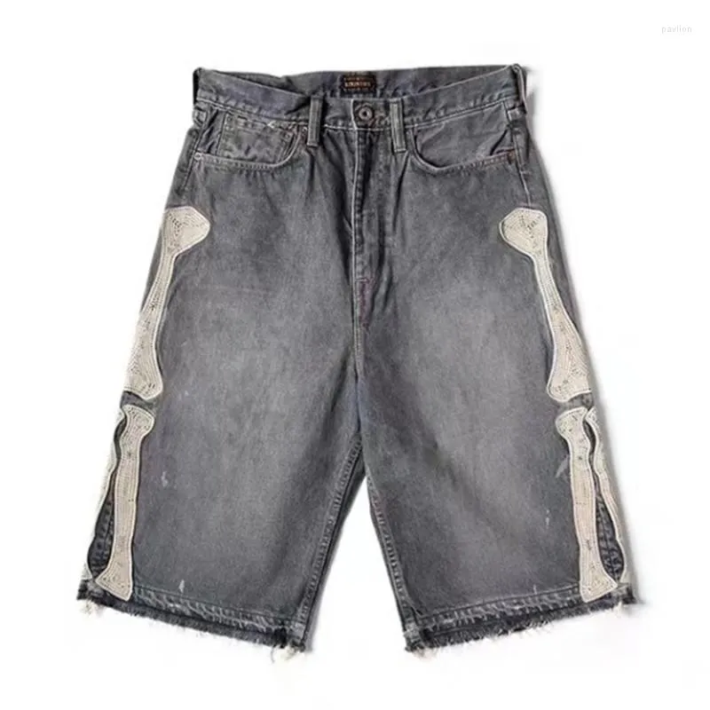 Mens Shorts KAPITAL 22SS Bone Pattern Embroidery Patchwork Wash Worn Casual Cropped Denim For Men And Women