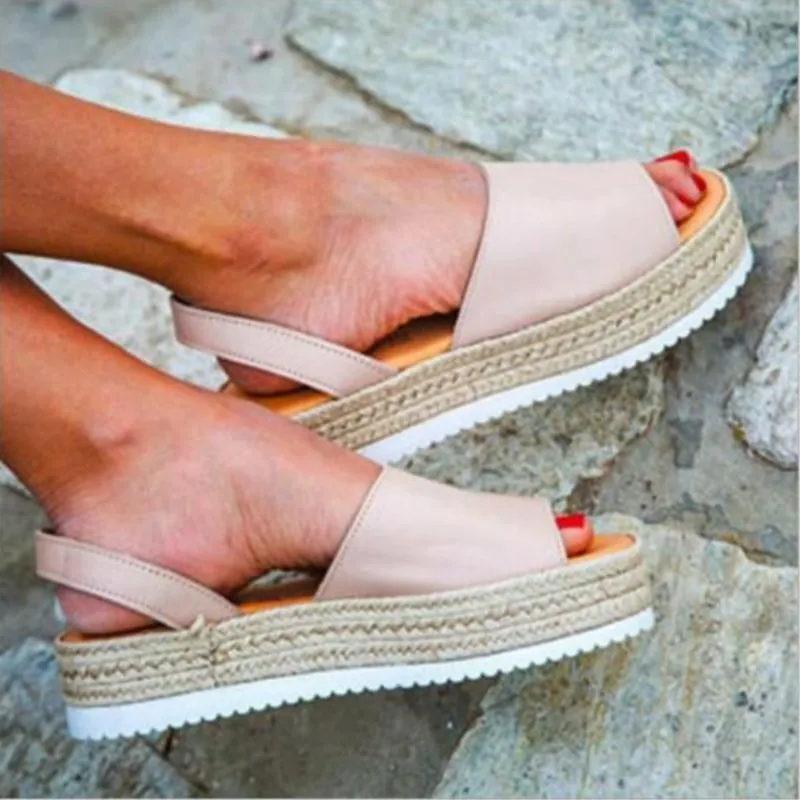 Sandaler Fashion Europe Summer 2023 Kvinnor Fish Mouth Flat Platform Shoes Woman Wedges Casual Slip-On Plus Size 34-43