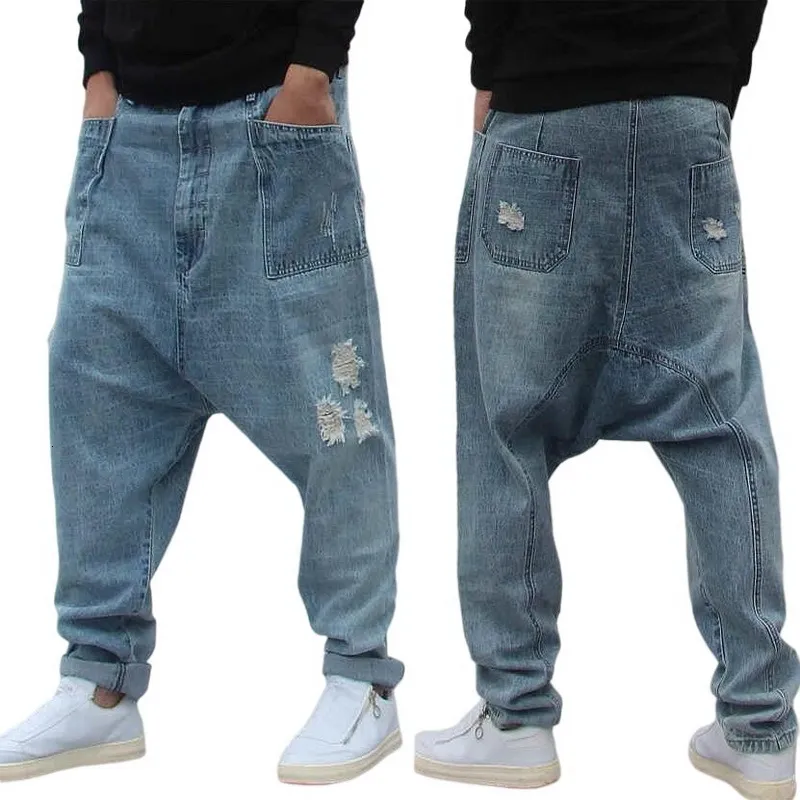 Erkekler Kot punk moda erkekler düşük kasık uçan sincap pantolon gevşek yağ denim harem pantolon asılı damla kot yırtılmış hip-hop kot pantolon 230316