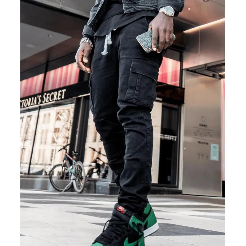 Men's Jeans Men's Jeans Streetwear Pants Multi-Pocket Black Slim Small Foot Casual Trousers Blue High-Quality Cargo Pants Men 230316