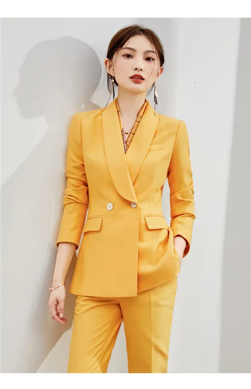 Ternos femininos Blazers feminino Ternos 2 PCs Amarelo Mulheres Jaqueta de Negócios Pantsuitsformal Ladies Pant Suits Office Office Trouser Pantsuitão 230316