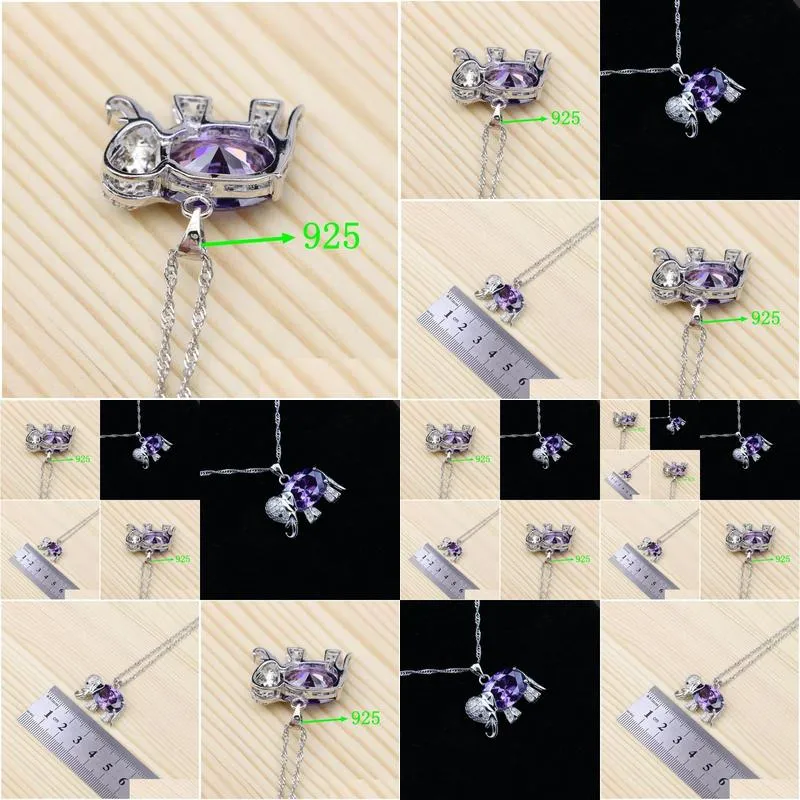 Ciondoli Collana a catena in argento 925 con elefante Ciondolo con diapositiva viola con zirconi cubici per donne / Fidanzamento / Festa / Regali Consegna a goccia Dhslv