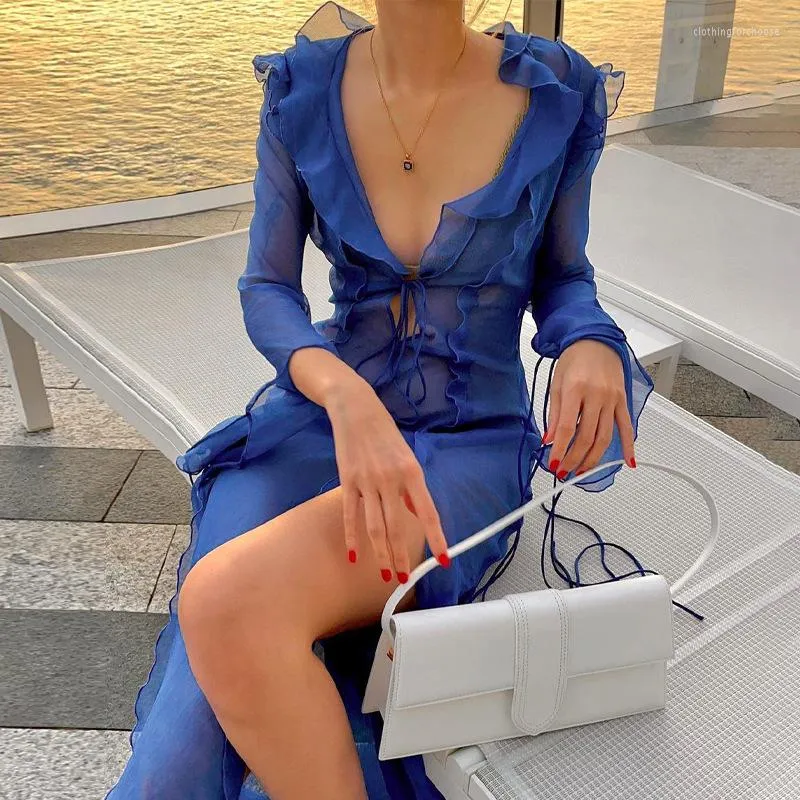 Casual Dresses Summer Beach Dress Women Elegant Bandage Ruffles Slim Maxi 2023 Sexig Blue Long Sleeve Evening Party Club Outfits