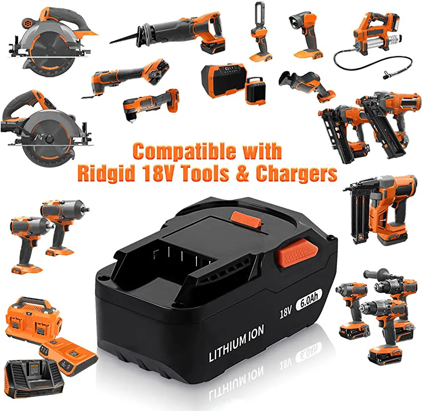 För AEG 18V-batteri 6.0Ah litiumjonbatteri för RIDGID R840087 R840085 L1815R L1850R L1830R R840083 Serie Cordless Power Tool