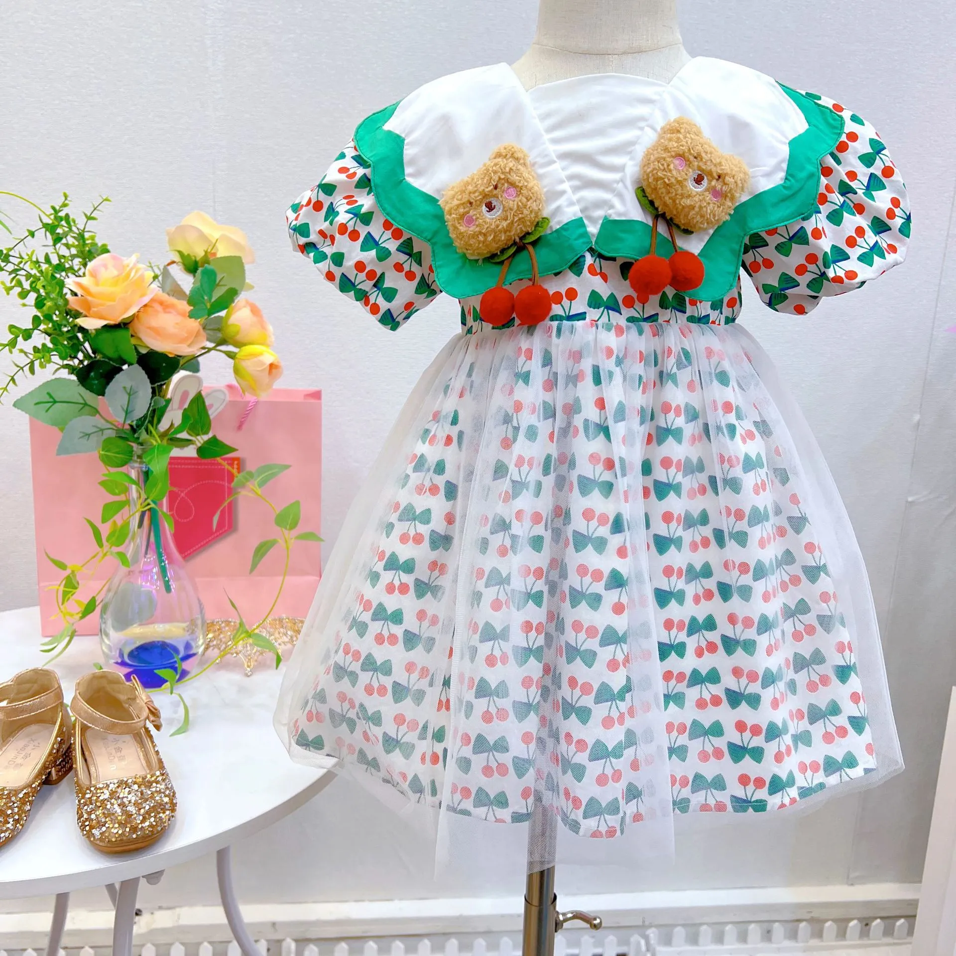 Criança criança garotas vestido de cereja verão roupas de bebê vestidos de princesa 2-7y