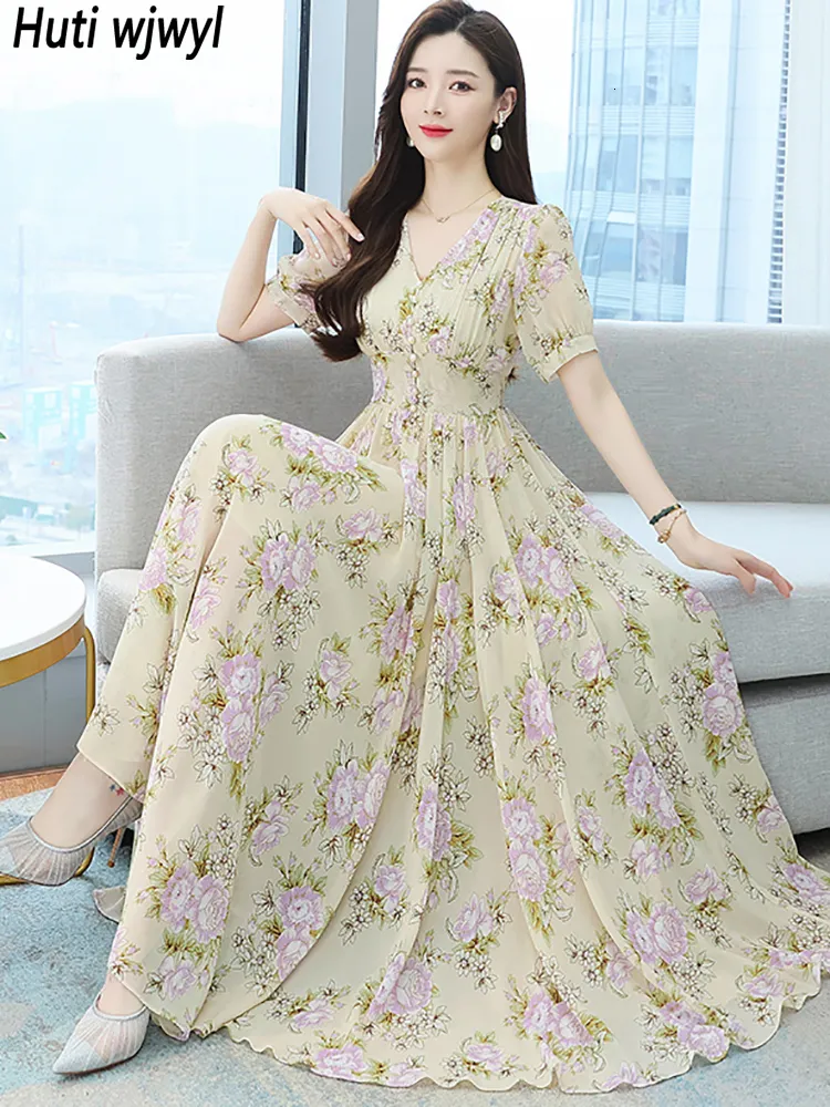 Casual Dresses Summer Fashion Chic Sexy Evening Dress Korean Elegant BodyCon Party Dress Women Floral Chiffon Casual Boho Beach Long Dress 230316