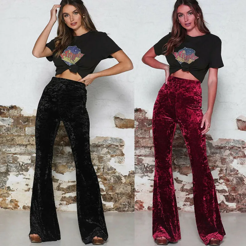 Damesbroek capris vintage fluweel lange flare broek vrouwen Koreaanse streetwear sexy hoge taille broek Lady Casual Velours Red Black Bell Bottom Pants 230316