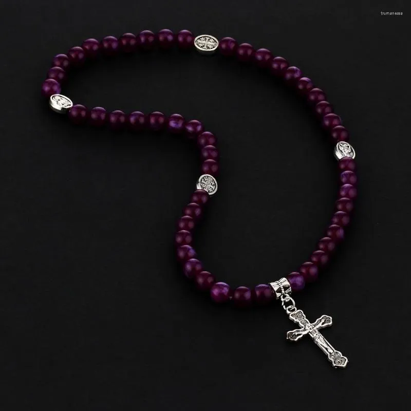 Strand Cottvoreligious Crucifix Cross Our Lady Charms Double Laps Purple Beaded Chain Prayer Rosary Armband smycken Dop gåvor