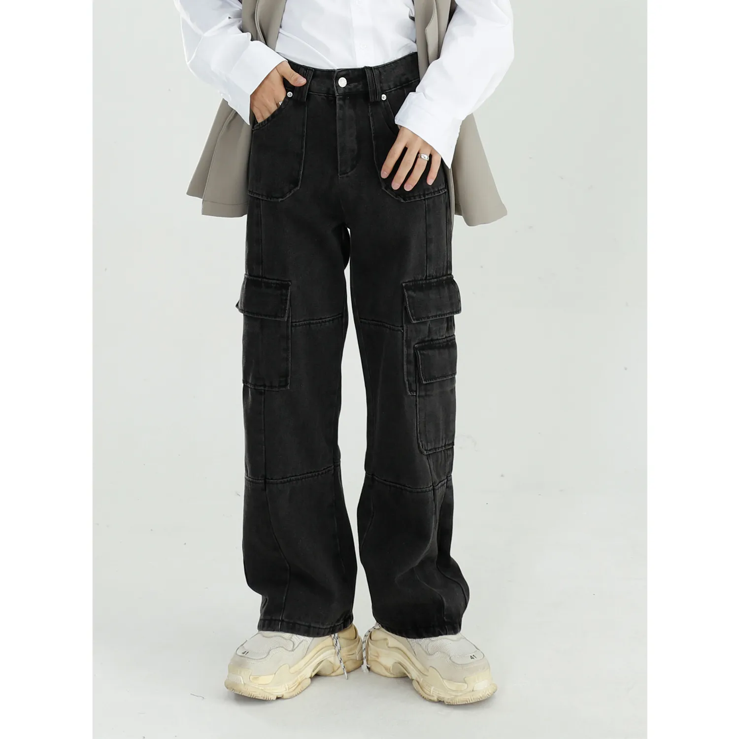 Jeans masculinos Roupas pretas homens Autumn jeans vintage lavados calças largas de perna larga calças de carga reta de jeans de jeans de jeans 230316